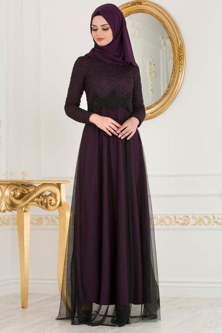 Nayla Collection - Beli Dantel Detaylı Tüllü Mor Tesettür Abiye Elbise 38214MOR - 1