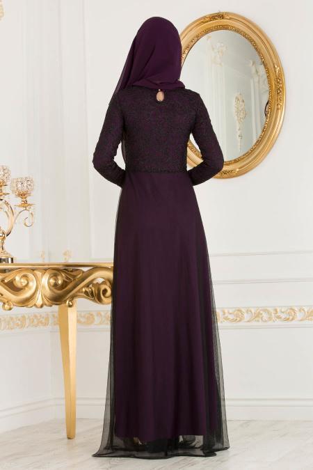 Nayla Collection - Beli Dantel Detaylı Tüllü Mor Tesettür Abiye Elbise 38214MOR - 3