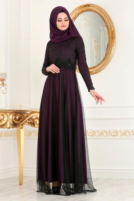 Nayla Collection - Beli Dantel Detaylı Tüllü Mor Tesettür Abiye Elbise 38214MOR - 2