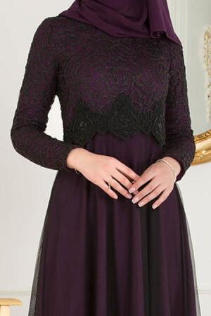 Nayla Collection - Beli Dantel Detaylı Tüllü Mor Tesettür Abiye Elbise 38214MOR - 4
