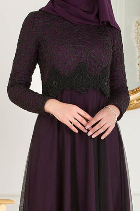 Nayla Collection - Beli Dantel Detaylı Tüllü Mor Tesettür Abiye Elbise 38214MOR - 4