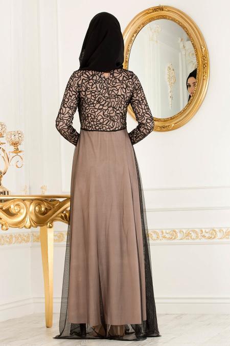 Nayla Collection - Beli Dantel Detaylı Tüllü Pudra Tesettür Abiye Elbise 38214PD - 2