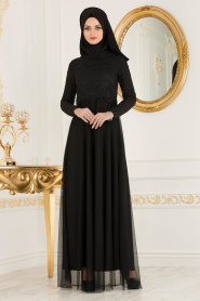 Nayla Collection - Beli Dantel Detaylı Tüllü Siyah Tesettür Abiye Elbise 38214S - Thumbnail