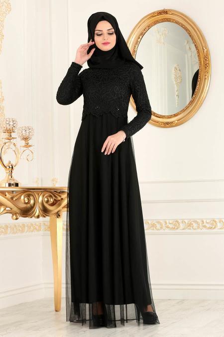 Nayla Collection - Beli Dantel Detaylı Tüllü Siyah Tesettür Abiye Elbise 38214S - 2