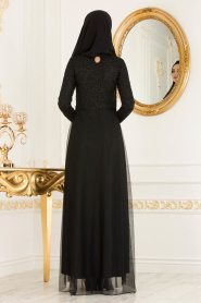 Nayla Collection - Beli Dantel Detaylı Tüllü Siyah Tesettür Abiye Elbise 38214S - Thumbnail