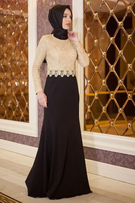 Nayla Collection - Beli Dantelli Siyah Balık Tesettür Elbise 3364S - 2
