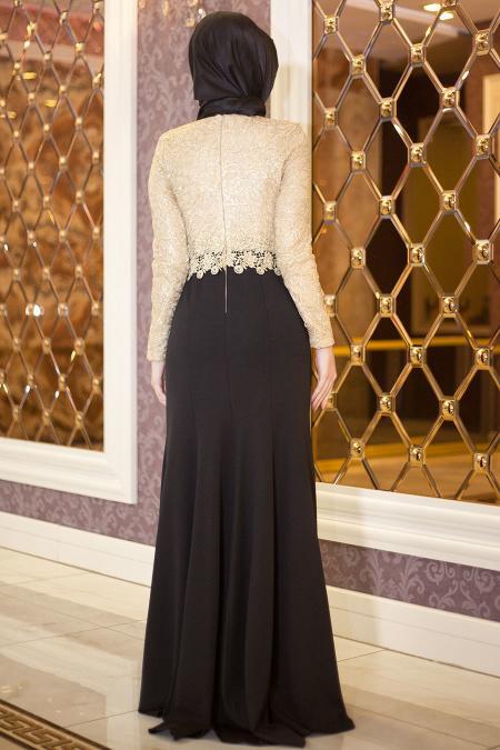 Nayla Collection - Beli Dantelli Siyah Balık Tesettür Elbise 3364S - 3