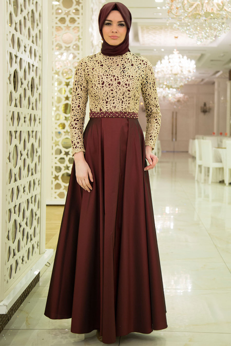 Nayla Collection - Beli Detaylı Tafta Bordo Tesettür Abiye Elbise 3813BR