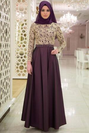 Nayla Collection - Beli Detaylı Tafta Mor Tesettür Abiye Elbise 3813MOR - 1