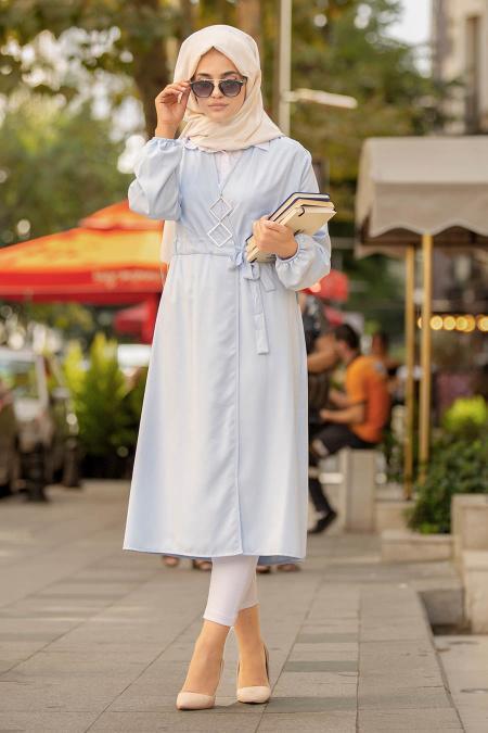 Nayla Collection - Beli Kemerli Bebek Mavisi Tesettür Kap 53870BM - 2