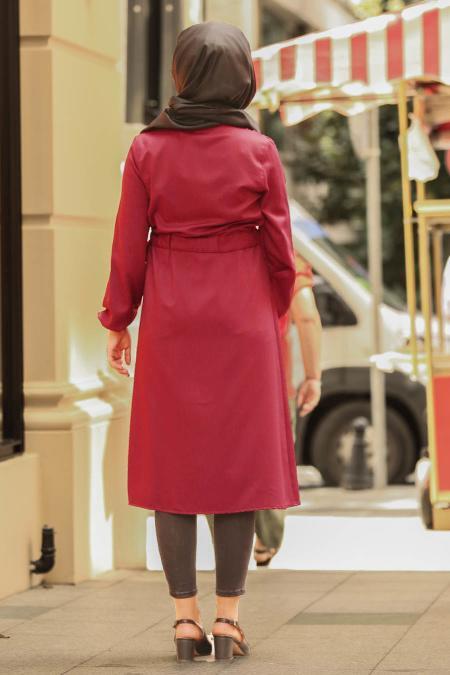 Nayla Collection - Beli Kemerli Bordo Tesettür Kap 53870BR - 2