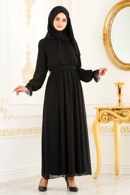 Nayla Collection - Beli Lastikli Siyah Tesettür Elbise 4147S
