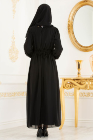 Nayla Collection - Beli Lastikli Siyah Tesettür Elbise 4147S - Thumbnail