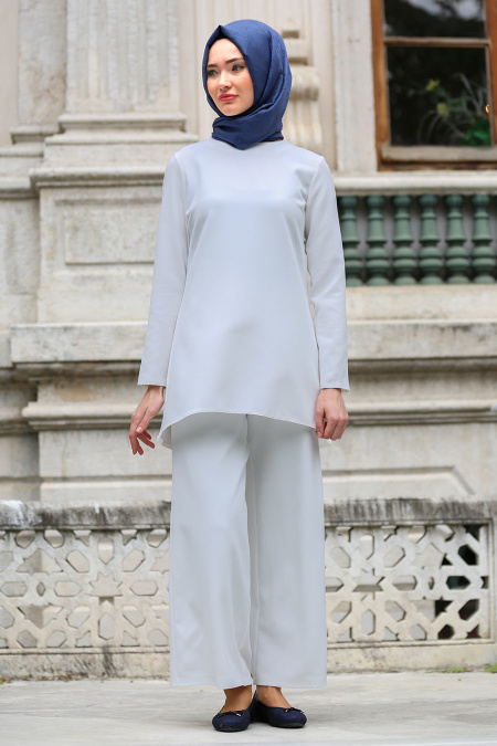 Nayla Collection - Beyaz Tunik / Pantolon Tesettür Takım 52700B