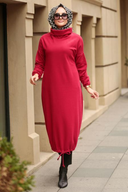 Nayla Collection - Boğazlı Bordo Tesettür Elbise 2471BR - 1