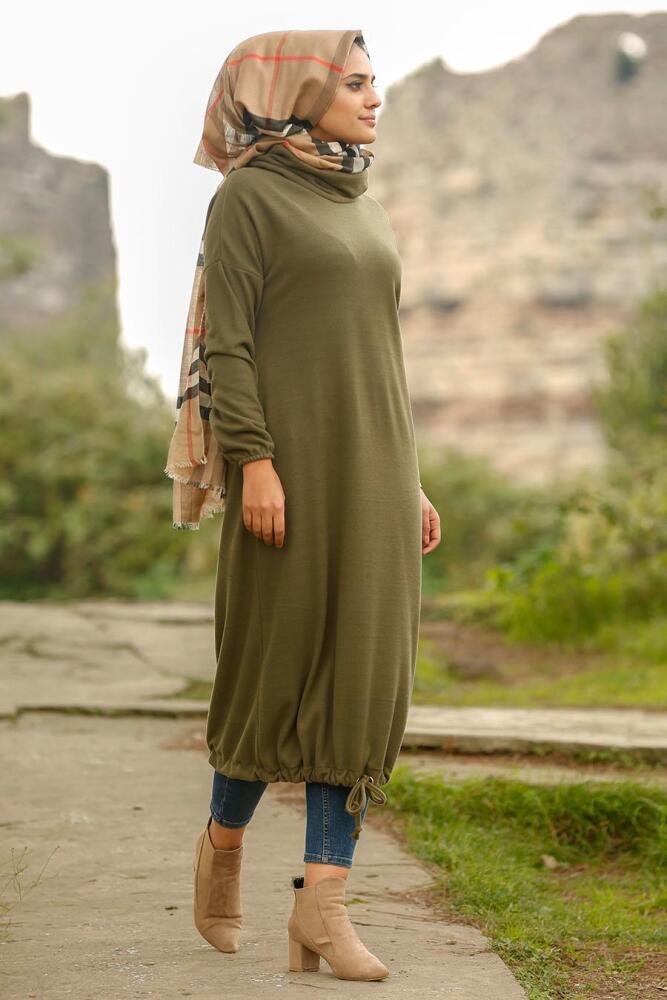 Nayla Collection - Boğazlı Haki Tesettür Elbise 2471HK - 1