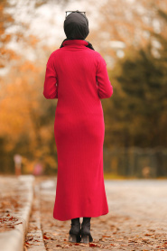 Nayla Collection - Boğazlı Kırmızı Tesettür Triko Elbise 2101K - Thumbnail
