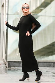 Nayla Collection - Boğazlı Siyah Tesettür Triko Elbise 2101S - Thumbnail