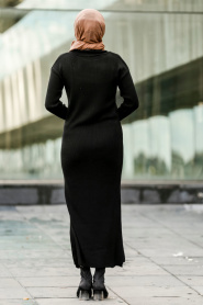Nayla Collection - Boğazlı Siyah Tesettür Triko Elbise 2101S - Thumbnail