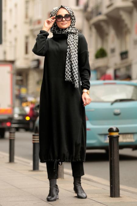 Nayla Collection - Boğazlı Siyah Tesettür Elbise 2471S - 1