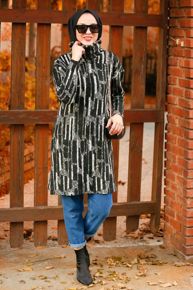 Nayla Collection - Boğazlı Siyah Tesettür Tunik 5414S - 1