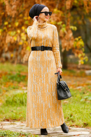Nayla Collection - Boğazlı Yaka Hardal Tesettür Elbise 4248HR - Thumbnail