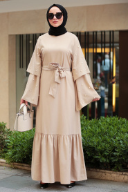 Nayla Collection - Boncuk Detaylı Bej Tesettür Elbise 4274BEJ - Thumbnail