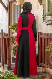 Nayla Collection - Boncuk Detaylı Kırmızı Tesettür Elbise 1222K - Thumbnail