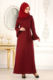 Nayla Collection - Boncuk Detaylı Bordo Tesettür Elbise 51350BR - Thumbnail