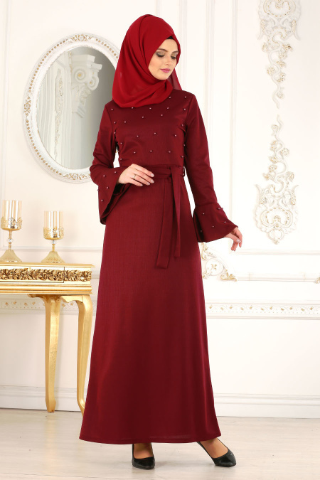Nayla Collection - Boncuk Detaylı Bordo Tesettür Elbise 51350BR