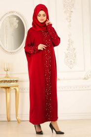 Nayla Collection - Boncuk Detaylı Bordo Tesettür Elbise 73120BR - Thumbnail
