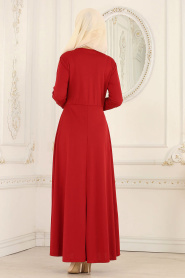Nayla Collection - Boncuk Detaylı Bordo Tesettür Elbise 76620BR - Thumbnail