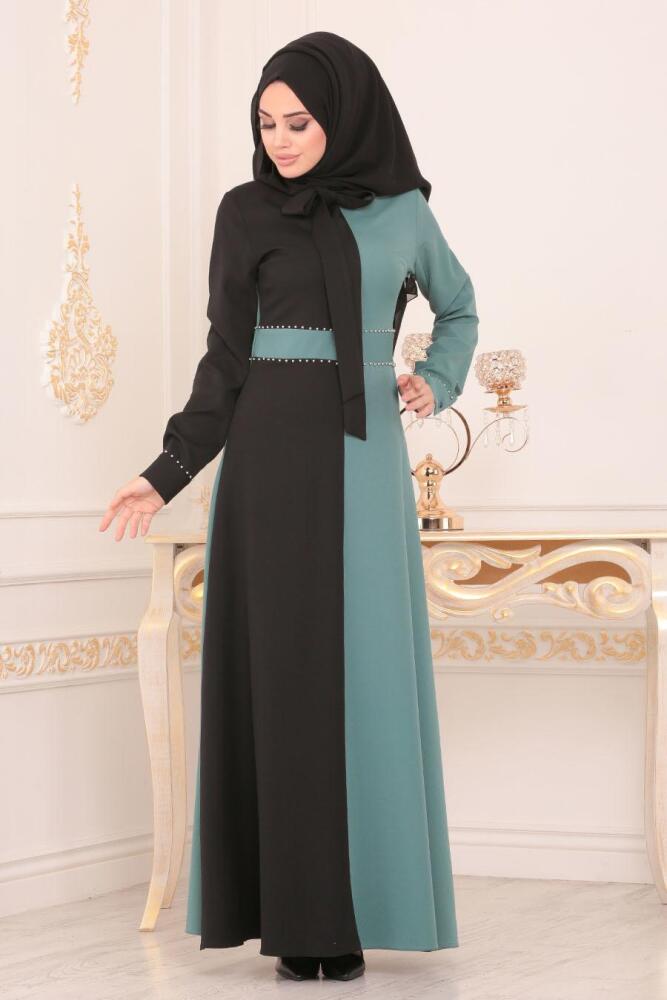 Nayla Collection - Boncuk Detaylı Çağla Yeşili Tesettür Elbise 1222CY - 1