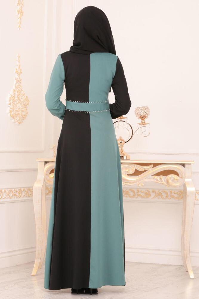 Nayla Collection - Boncuk Detaylı Çağla Yeşili Tesettür Elbise 1222CY - 2
