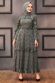 Nayla Collection - Boncuk Detaylı Füme Tesettür Elbise 38570FU - Thumbnail