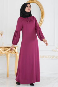 Nayla Collection - Boncuk Detaylı Fuşya Tesettür Elbise 51421F - Thumbnail