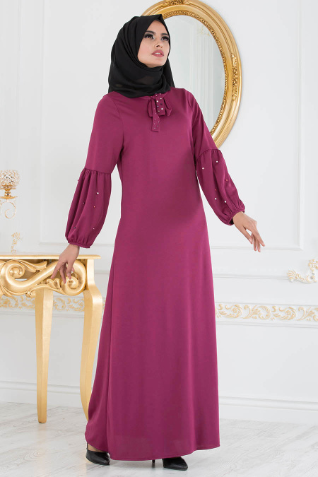 Nayla Collection - Boncuk Detaylı Fuşya Tesettür Elbise 51421F
