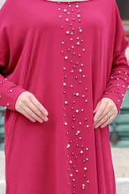 Nayla Collection - Boncuk Detaylı Fuşya Tesettür Elbise 73120F - Thumbnail