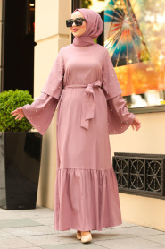 Nayla Collection - Boncuk Detaylı Gül Kurusu Tesettür Elbise 4274GK - Thumbnail