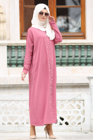 Nayla Collection - Boncuk Detaylı Gül Kurusu Tesettür Elbise 73120GK - Thumbnail