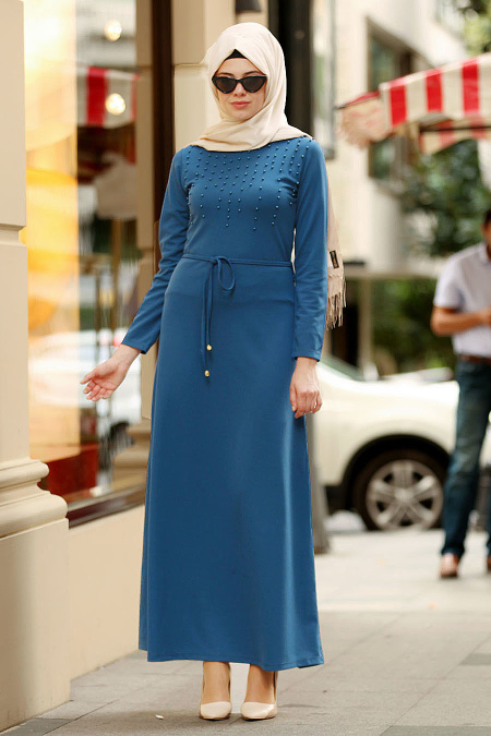 Nayla Collection - Boncuk Detaylı İndigo Mavisi Tesettür Elbise 79210IM