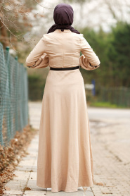 Nayla Collection - Boncuk Detaylı Kemerli Bej Tesettür Elbise 8411BEJ - Thumbnail