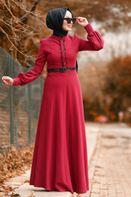 Nayla Collection - Boncuk Detaylı Kemerli Bordo Tesettür Elbise 8411BR - Thumbnail