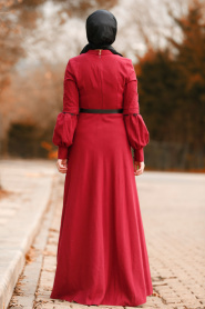 Nayla Collection - Boncuk Detaylı Kemerli Bordo Tesettür Elbise 8411BR - Thumbnail
