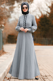 Nayla Collection - Boncuk Detaylı Kemerli Gri Tesettür Elbise 8411GR - Thumbnail
