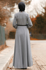 Nayla Collection - Boncuk Detaylı Kemerli Gri Tesettür Elbise 8411GR - Thumbnail