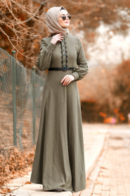 Nayla Collection - Boncuk Detaylı Kemerli Haki Tesettür Elbise 8411HK - Thumbnail