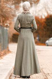 Nayla Collection - Boncuk Detaylı Kemerli Haki Tesettür Elbise 8411HK - Thumbnail