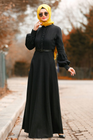 Nayla Collection - Boncuk Detaylı Kemerli Siyah Tesettür Elbise 8411S - Thumbnail