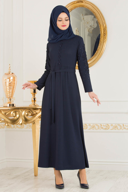 Nayla Collection - Boncuk Detaylı Lacivert Tesettür Elbise 10120L